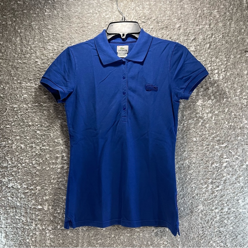 LACOSTE WOMEN'S PIQUE COTTON POLO SHIRT Sz 36 Blue Snap Buttons Preppy